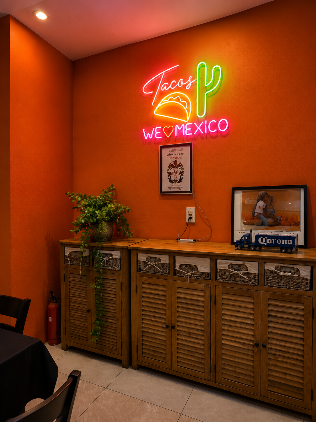 Mexican Choice restaurant interior with neon We Love Mexico sign in Da Nang