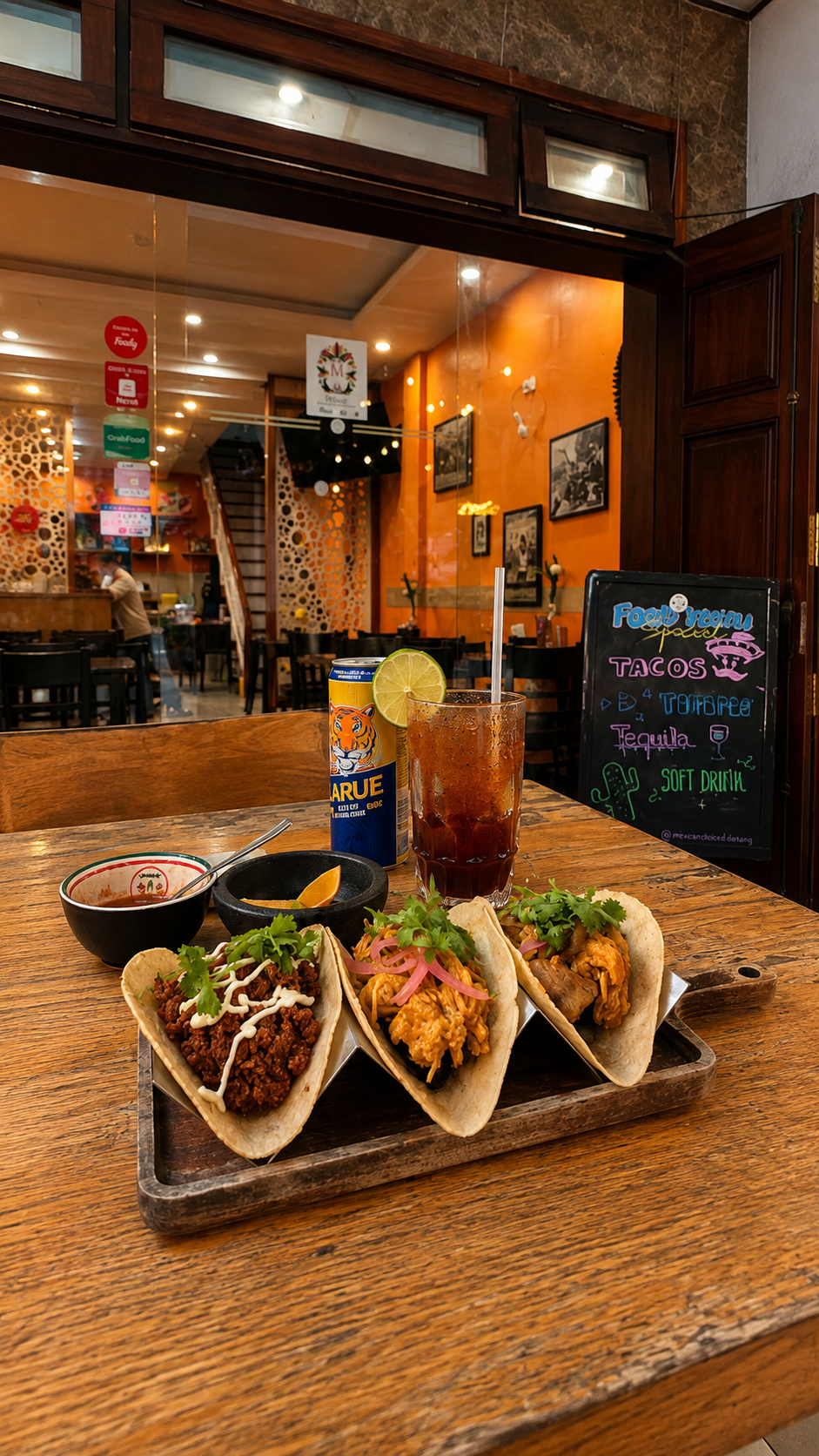 Trio of tacos served on the table at Mexican Choice in Da Nang