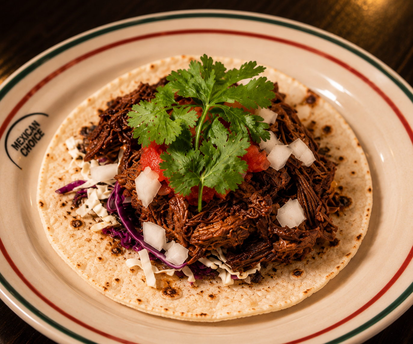 Barbacoa de res taco on handmade blue corn tortilla at Mexican Choice in Da Nang