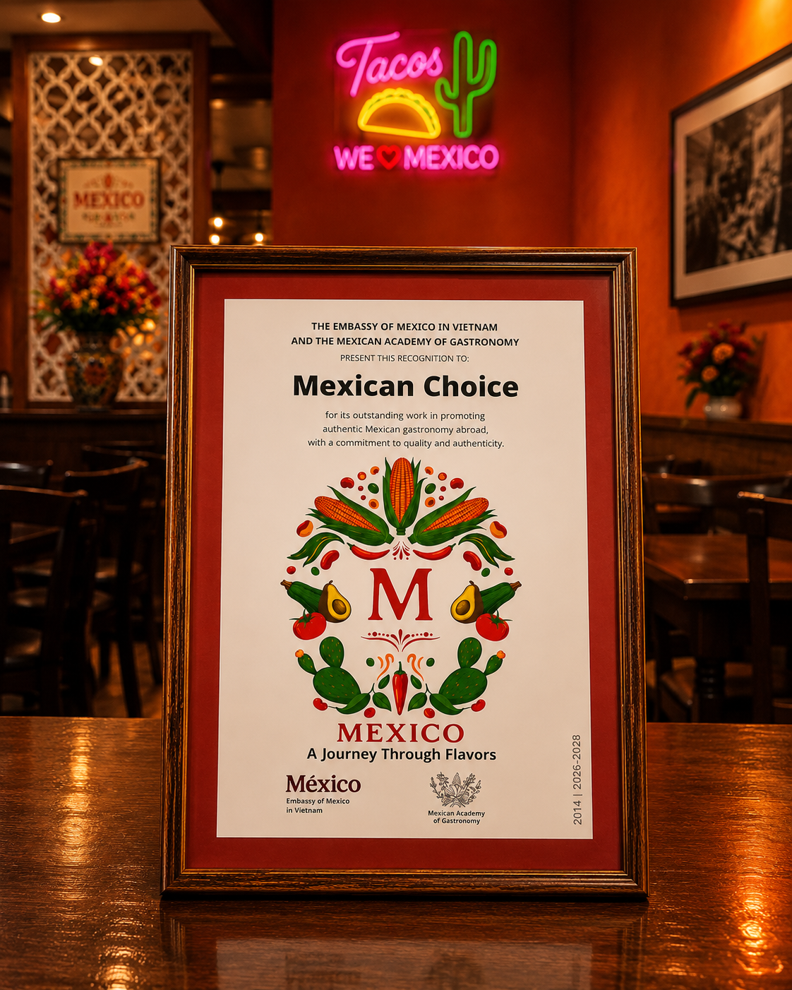 Sello M authentic Mexican cuisine recognition displayed at Mexican Choice